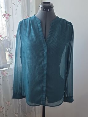 Old Navy Teal Sheer Dot-Print Blouse - Women